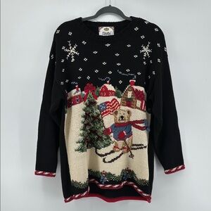 Vintage Tiara Black Holiday American Bear Sweater with Winter Scene Size Large